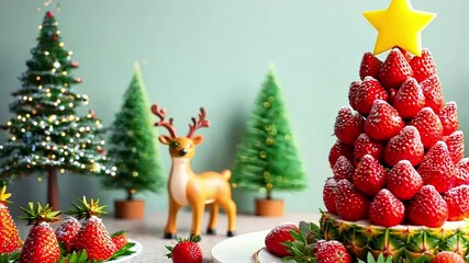 Canvas Print - Festive Christmas Strawberry Tree with Pineapple Base and Decorative Reindeer Figurines