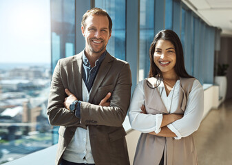 Aufkleber - Portrait, happiness and business people with arms crossed in office, window and teamwork. Face, employees and pride with partnership, cooperation and confidence with professional, support and smile