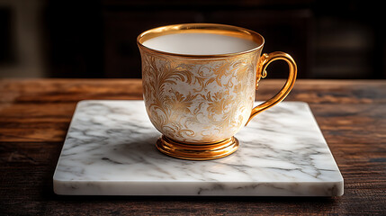 A white porcelain teacup with gold trim and an ornate design sits on a marble coaster on a wooden table.