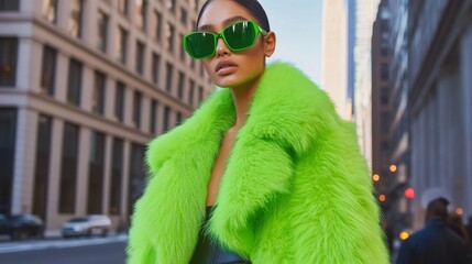 stylish woman in neon green fur coat and sunglasses posing confidently in urban street environment