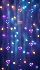 Romantic Bokeh Background, String Lights With Heart Shaped Lamps, Festive Illumination On Blue
