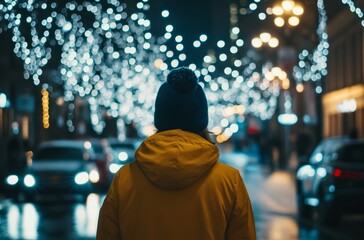 A person gazes at bright holiday lights illuminating a lively street, creating a festive atmosphere on a winter evening