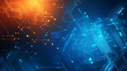Poster - Abstract digital background with glowing lines and dots in blue and orange colors.