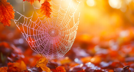 A spider web is hanging over a pile of autumn leaves. The web is covered in dew, giving it a serene and peaceful appearance. The leaves on the ground are a mix of orange and brown, creating a warm