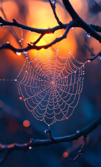 A spider web is shown in the image, with a bright orange and pink sunset in the background. The web is covered in dew, giving it a serene and peaceful atmosphere
