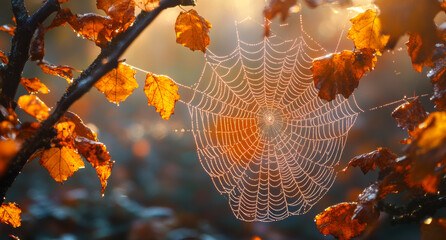 A spider web is hanging from a tree branch. The web is covered in dew and the leaves are orange