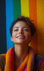 Wall Mural - A woman with short hair is smiling and wearing a colorful scarf. She is looking up at the wall behind her