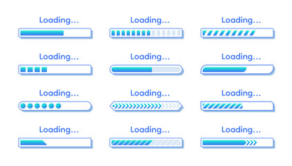 Leinwandbilder - Load bar. Time progress. Download or upload speed graphic. Website status graph. Status step page. Interface indicator. Wait infographic. Battery level chart. Vector process icons set