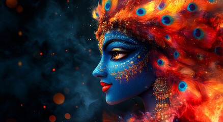 Sticker - A woman with a blue face and red hair is wearing a peacock headdress. The woman is surrounded by a lot of sparkles and fire, giving the impression of a fiery and vibrant personality