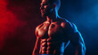 © Alex Alex - Muscular bodybuilder athlete man with perfect body and naked torso posing on blue background, bodybuilding athlete african american black man studio shooting