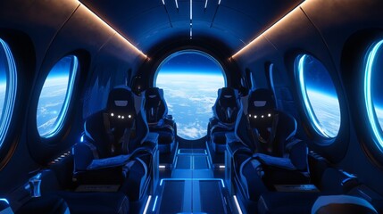 Poster - Inside a sleek spacecraft, rows of high-tech seats face a large window showcasing the breathtaking view of Earth from space