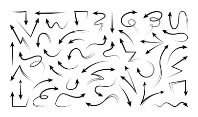Poster - Hand drawn arrows. Curve doodle set of pencil outline icon black ink elements. Up, down direction shapes, growth sign. Decorative presentation isolated elements. Vector sketch brushstrokes