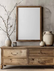 Wooden dresser stands against beige wall in serene indoor setting. Rich brown dresser two vases, white, cream-colored, on top shelf. White picture frame hangs on dresser with blank surface. Small