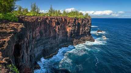 Dramatic sea cliffs with lush vegetation and crashing waves against a bright blue sky.