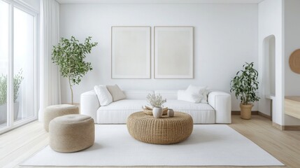Poster - A bright living room features a comfortable white sofa paired with round woven stools and a textured coffee table