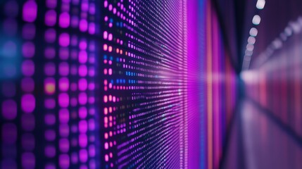 Poster - An intricate LED display emits vibrant lines of binary code blending with dynamic colors, illustrating the essence of technology and data security in a contemporary environment