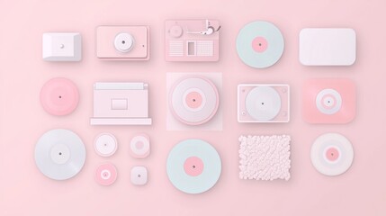 Wall Mural - Pastel pink and blue 3D rendered objects, including vinyl records and a vintage record player, arranged on a pink background.