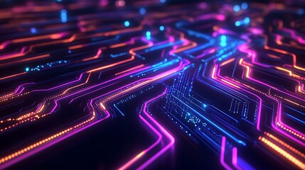 Poster - Abstract glowing neon lines forming a circuit board pattern on a black background.