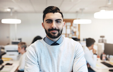 Poster - Man, leader and writer in office portrait, confident manager and supervisor in coworking space. Male person, teamwork and proud of creative journalism at news agency, trust and publishing business