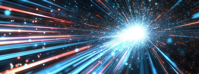 Poster - Abstract background of bright glowing lines and particles converging at a central point, creating a dynamic and futuristic effect.