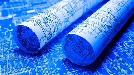 Architectural Blueprints Rolled Up Detailed Construction Drawings of project on Desk.