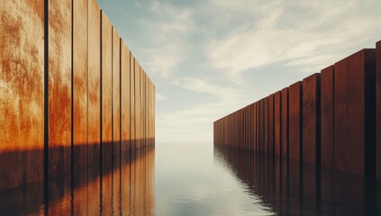 Poster - The setting sun casts a warm glow on towering rust-colored structures beside tranquil water, creating a serene atmosphere