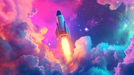 Aufkleber - A rocket ascends through a swirling, colorful cloudscape, leaving a trail of bright orange flames behind. The background is filled with vibrant hues and twinkling stars, evoking a sense of adventure.