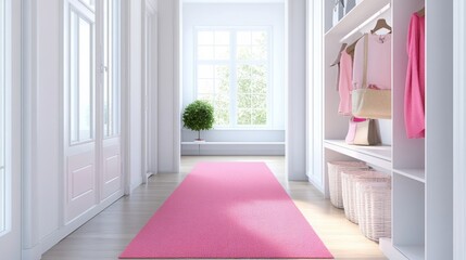 Poster - A spacious hallway bathed in natural light showcases a vibrant pink runner rug extending the length. To one side, neatly organized shelves hold bags and clothing, creating a cheerful atmosphere.