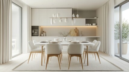 Poster - A modern dining room with large windows and white curtains. The room features a large white table with six white chairs. There is a white kitchen counter in the background