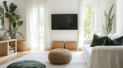 Aufkleber - This serene living area is filled with natural light through large windows, featuring a minimalist design with a comfortable white sofa, green cushions, decorative plants, and woven accents.