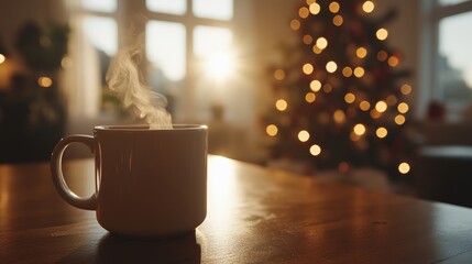 Cozy Winter Morning Steaming Coffee Mug on Table with Christmas Tree Lights in Background