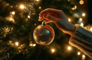 A hand adds a shimmering gold ornament to a beautifully lit Christmas tree adorned with twinkling lights