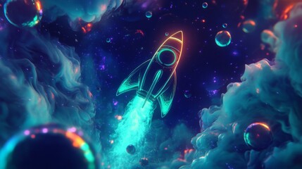 Aufkleber - A small rocket bursts into action, soaring through a colorful nebula filled with swirling clouds and luminous bubbles