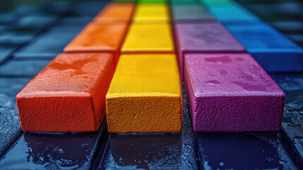 Poster - A set of brightly colored cubes, covered in water droplets, lined up in a geometric pattern. The vivid colors and texture create a vibrant, high-definition abstract image