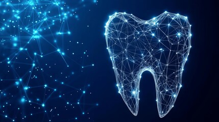 Poster - Digital Tooth On Blue Technology Background. Abstract Tooth In Lines, Connected Dots, And Triangles.