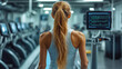 © Bolbik - Back view of a female athlete with a ponytail working out at a gym with heart rate monitors on a screen. Focused on fitness and health