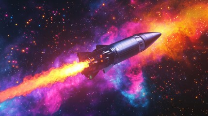 Aufkleber - A rocket is shown traveling through a colorful cosmic environment, leaving a bright trail of flames