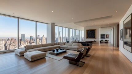 Poster - This spacious minimalist living room features a large beige sectional sofa and matching lounge chair, flooded with natural light and offering breathtaking city views