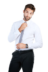 Sticker - Confidence, white background and portrait of business man with company pride, positive attitude and smirk. Corporate worker, professional and isolated person for career, work and job in studio