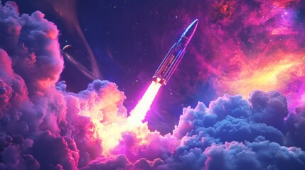 Aufkleber - A rocket ascends into space, leaving a trail of bright flames and smoke amid stunning, colorful clouds and a cosmic backdrop filled with stars and galaxies, showcasing the beauty of exploration.