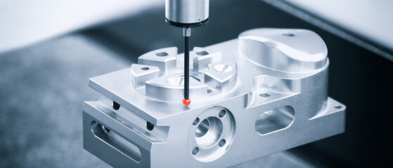 Poster - Operator inspection dimension metal parts by CMM after machining process in industrial factory.