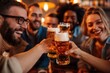 © Viktor - Group of friends have fun toasting with beer in pub. Multiracial people laugh, enjoy drinks, meal, company in relaxed atmosphere. Wooden bar, chandelier, rustic interior create lively scene.