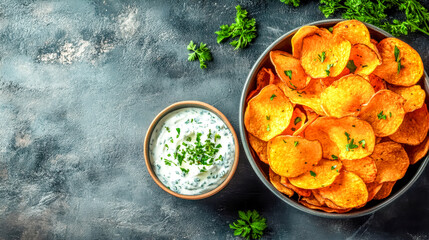 Sweet potato chips being dipped in herb dip on dark background