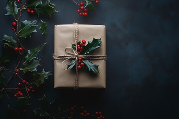 Wall Mural - The wrapped gift, decorated with holly and berries, rests on a dark background, evoking a warm holiday spirit and anticipation