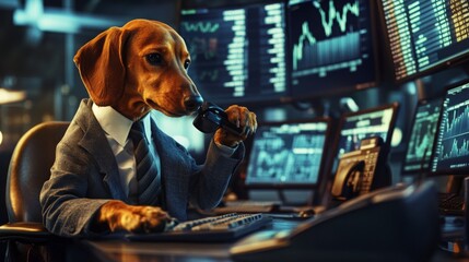 Poster - A dog dressed in a suit sits at a desk filled with multiple monitors showing stock market data, while holding a phone, seemingly participating in trading activities during office hours.