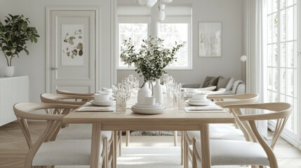 Aufkleber - A beautifully arranged dining room featuring a wooden table set with white dishware, surrounded by stylish chairs. Sunlight streams in through large windows, enhancing the serene atmosphere.