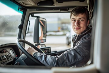 Man drives large semi-truck on highway. Gray, white truck with black cab, trailer. Driver wears black jacket, gray hat. Road scene with building, trees in background. Driver looks at camera.