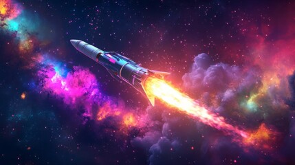 Aufkleber - A rocket ascends through a vivid display of swirling cosmic clouds and brilliant colors in the vastness of space. It leaves a trail of flames and sparks, creating a stunning visual spectacle.
