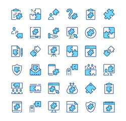 Poster - Puzzle icons. Outline symbols. Vector blue line icons set