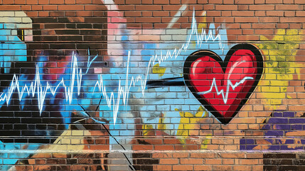 Pop art comic street graffiti with heart rate electrocardiogram medical screen on brick wall.